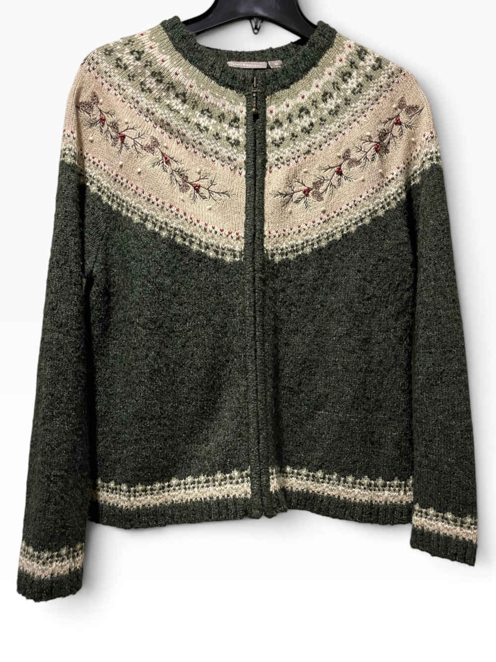 Olive Green Fair Isle Zip-Up Women's Sweater, Medium, Preowned